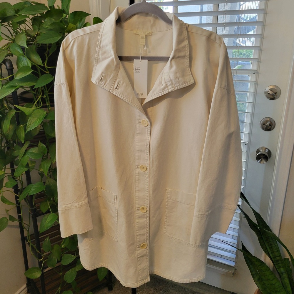 Eileen Fisher Organic Cotton Hemp Stretch High Collar Jacket Bone XL NEW